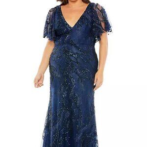 Mac Duggal Midnight Blue Embellished Embroidered Flutter Sleeve Gown